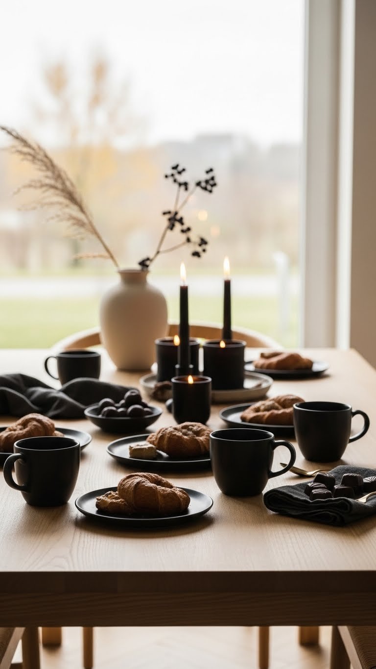 Minimalist autumn gathering table with multiple black coffee mugs, dark ceramics, and dried grasses