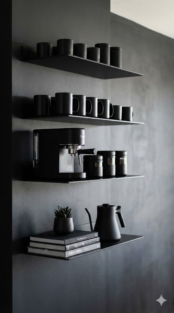 Minimalist black coffee corner with floating shelves showcasing black ceramic mugs, espresso machine, and coffee bean containers on dark charcoal wall