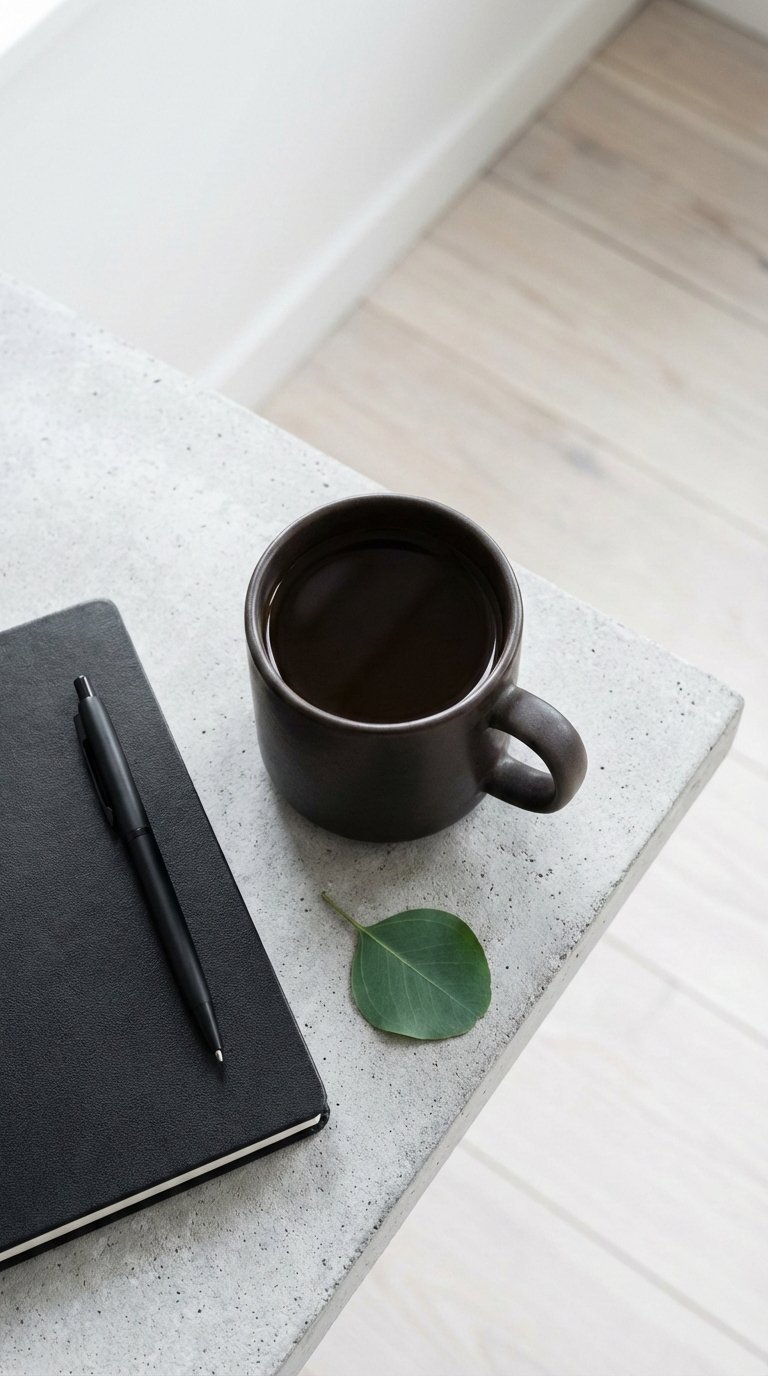 Minimalist black coffee cup flat lay on light concrete surface with notebook and pen in bright daylight aesthetic photography