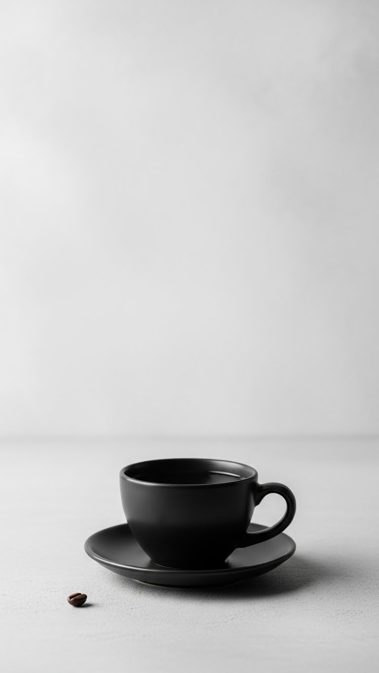 Minimalist black coffee cup on light gray concrete slab with subtle reflection against plain textured wall