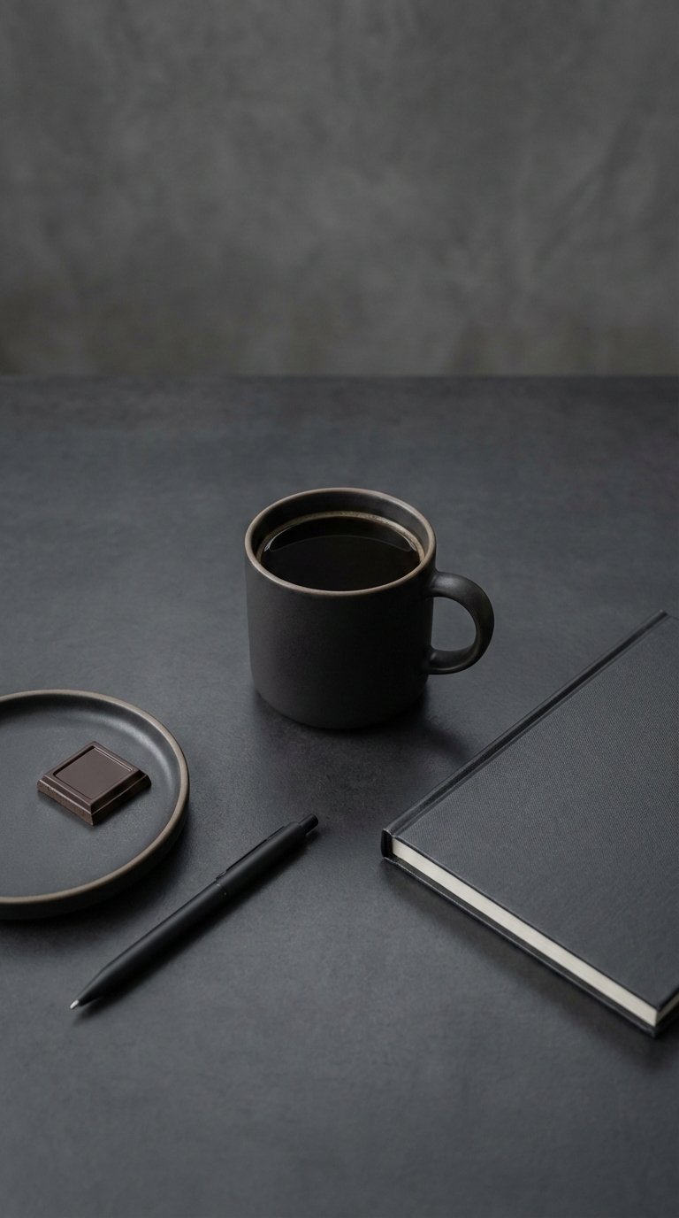Minimalist black coffee flat lay with dark ceramic plate, chocolate square and sleek notebook on polished concrete surface