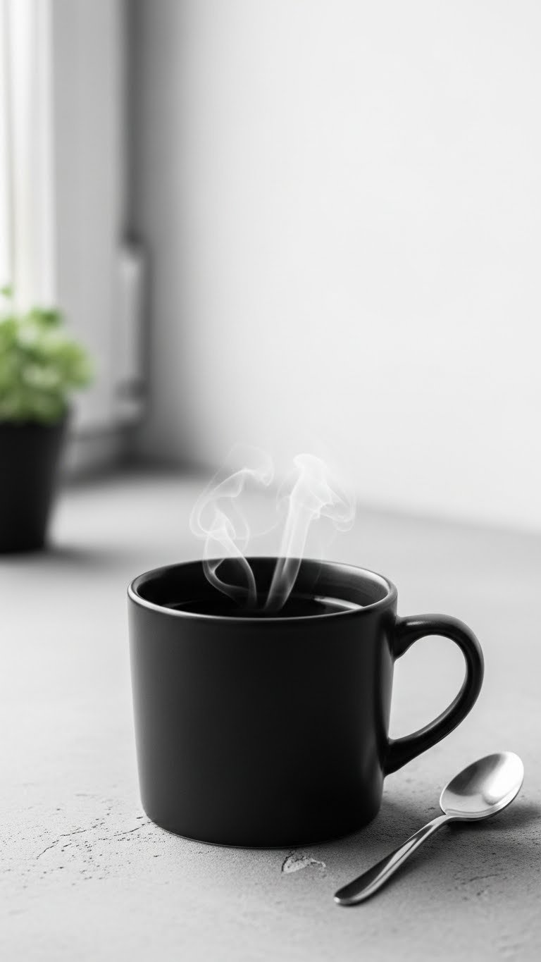 Minimalist black coffee mug with steam rising against grey concrete surface in monochrome lifestyle photography