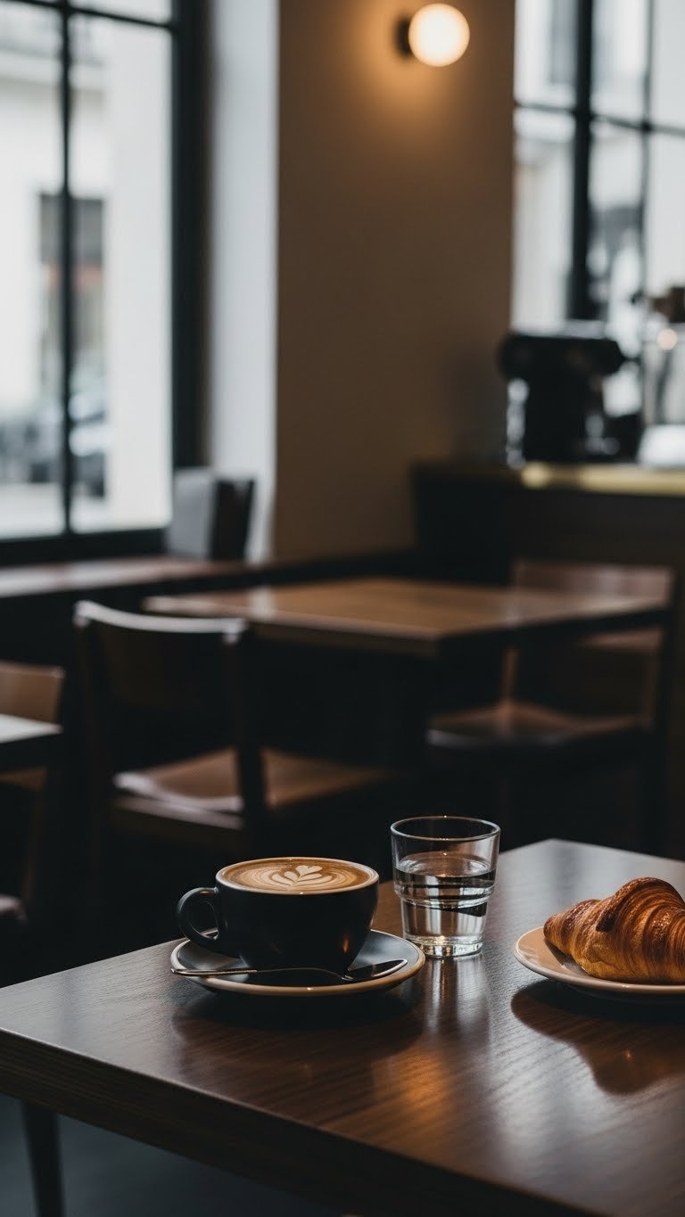 Minimalist black coffee on dark wood counter at Noir Coffee Shop Paris with soft natural light and elegant pastry accompaniment