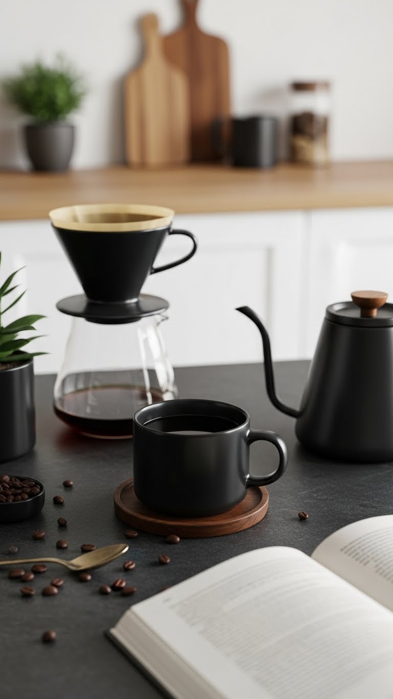 Ultimate Black Coffee Book Aesthetic 7 Cozy Decor Ideas 13 Minimalist black coffee setup with ceramic mug, pour-over brewer, and open book on dark countertop