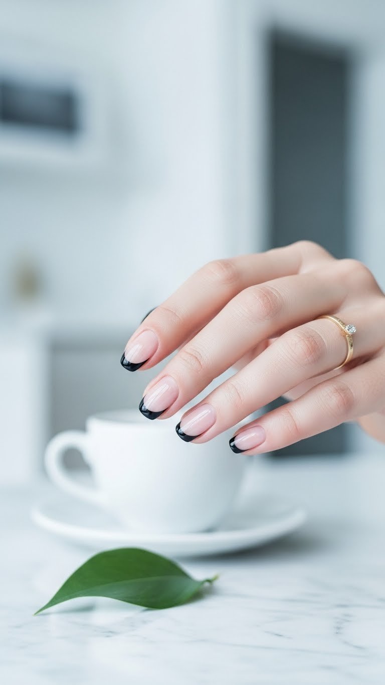 Minimalist black coffee tip nails on white marble countertop with natural base and crisp black tips