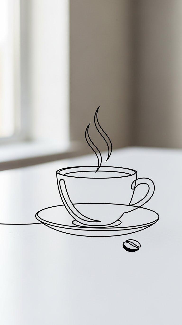 Minimalist black line art coffee cup silhouette with rising steam on white surface with coffee bean
