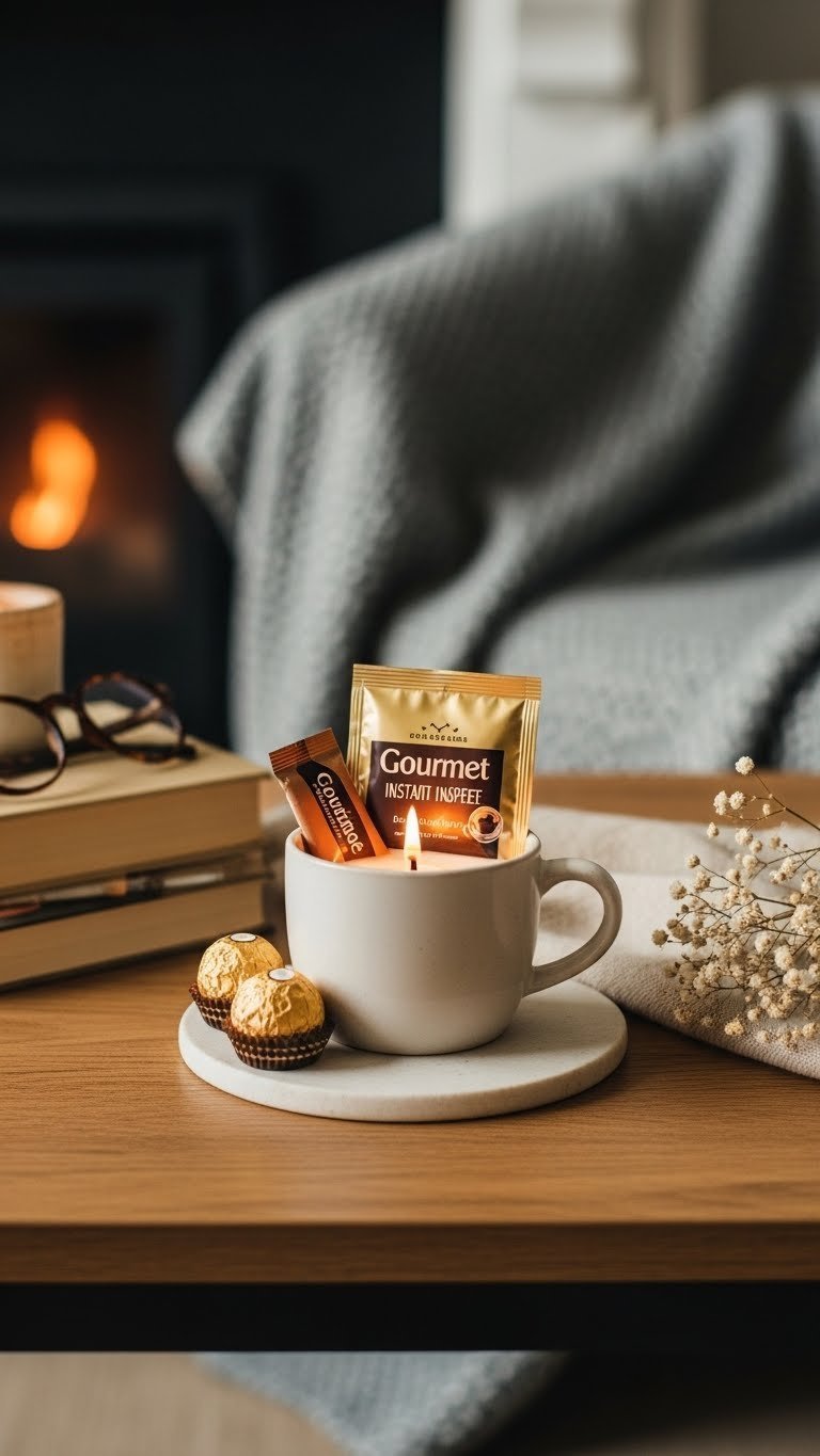 Minimalist ceramic coffee mug with scented candle and chocolate truffles on rustic table
