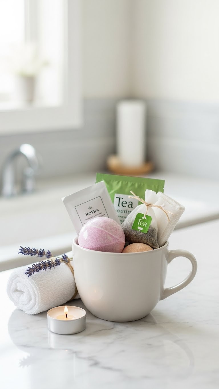 Minimalist ceramic mug with bath bomb, luxury tea bags, face mask, and candle creating serene spa atmosphere