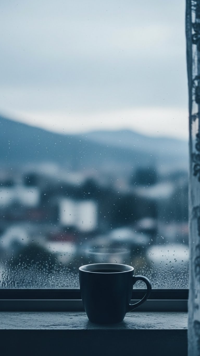 Master Black Coffee Aesthetic Video: 9 Ultimate Ideas 13 Minimalist coffee clip showing dark ceramic mug on window sill with blurred cityscape background at dusk