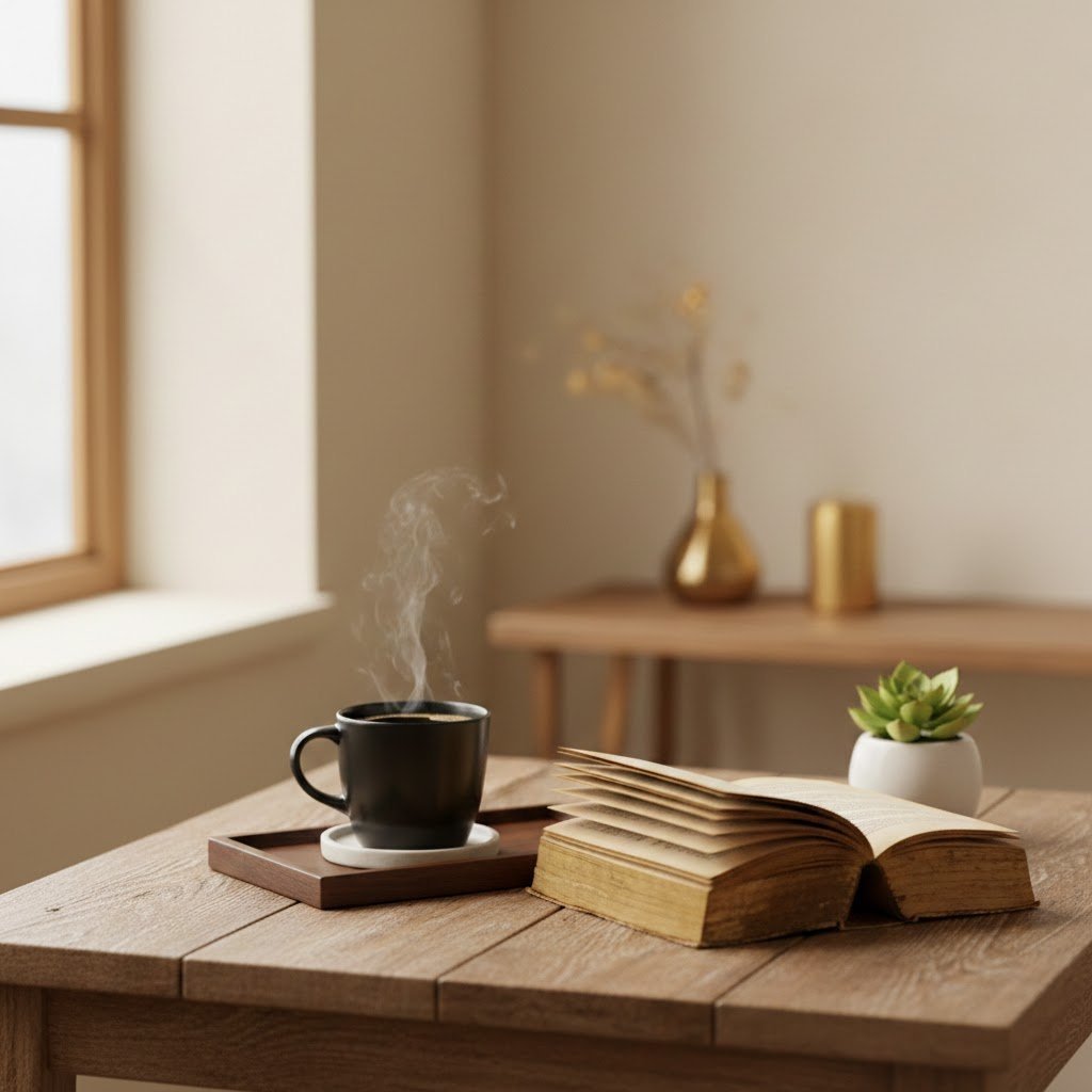 Minimalist coffee corner with black ceramic mug, vintage book, and succulent on dark wooden tray in natural window light
