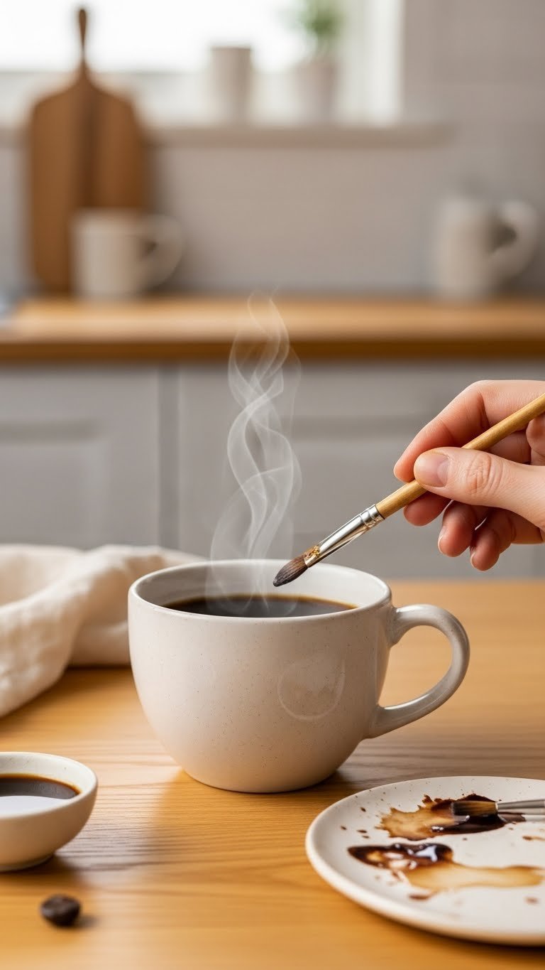 Minimalist coffee cup line drawing rendered with delicate coffee washes and steam rising