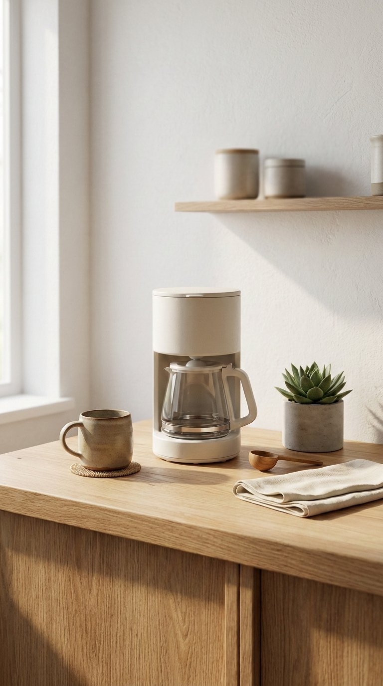Minimalist coffee nook with pour-over coffee maker, ceramic mug, and succulent plant on light wooden countertop in natural window light