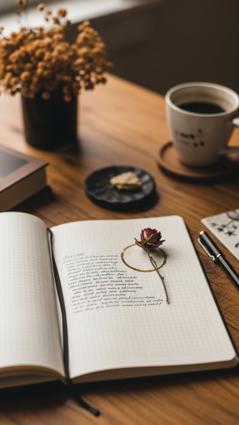 Minimalist dark aesthetic journal page with artistic elements and coffee mug in rustic setting