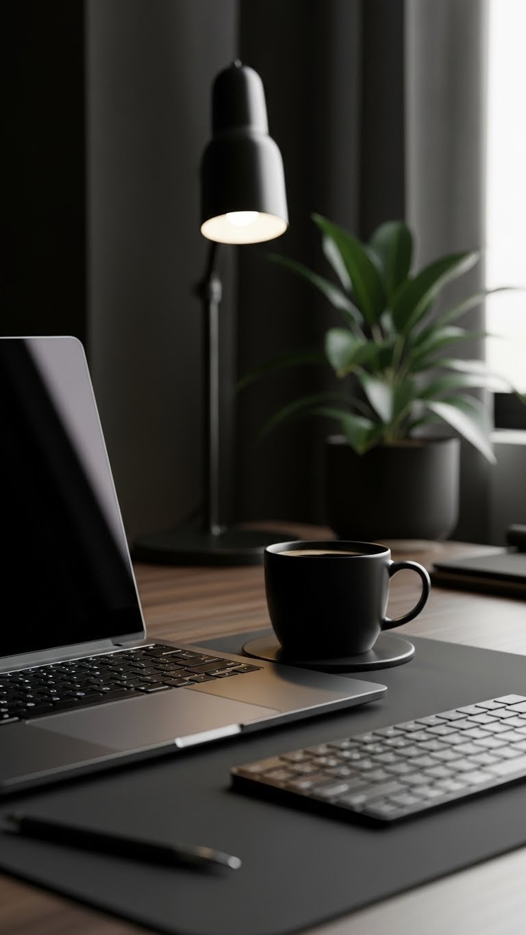 Minimalist dark desk setup featuring matte black laptop and ceramic coffee mug with soft natural lighting