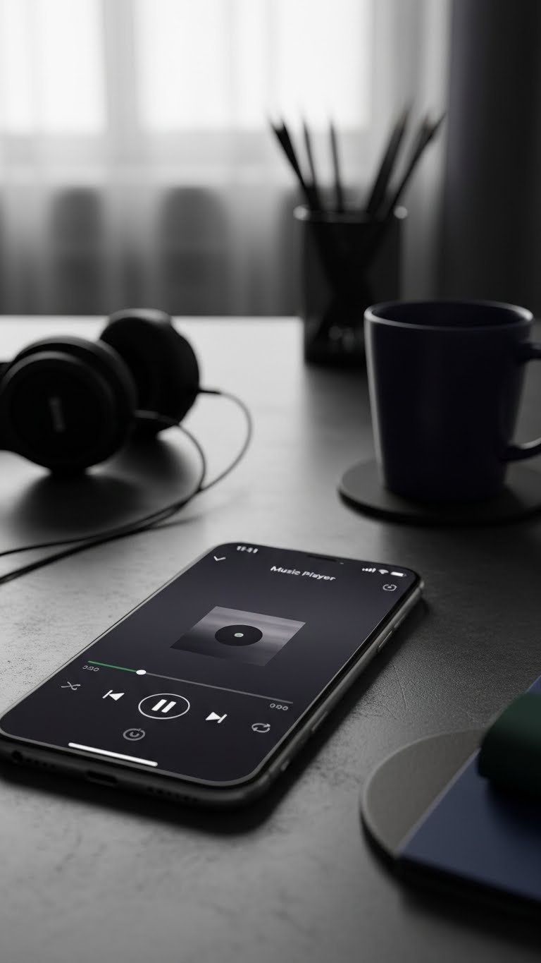 Black Coffee Aesthetic: 11 Essential Widgets for iPhone & Android 13 Minimalist dark music player widget with subtle controls on smartphone screen against polished concrete with headphones in serene workspace photography