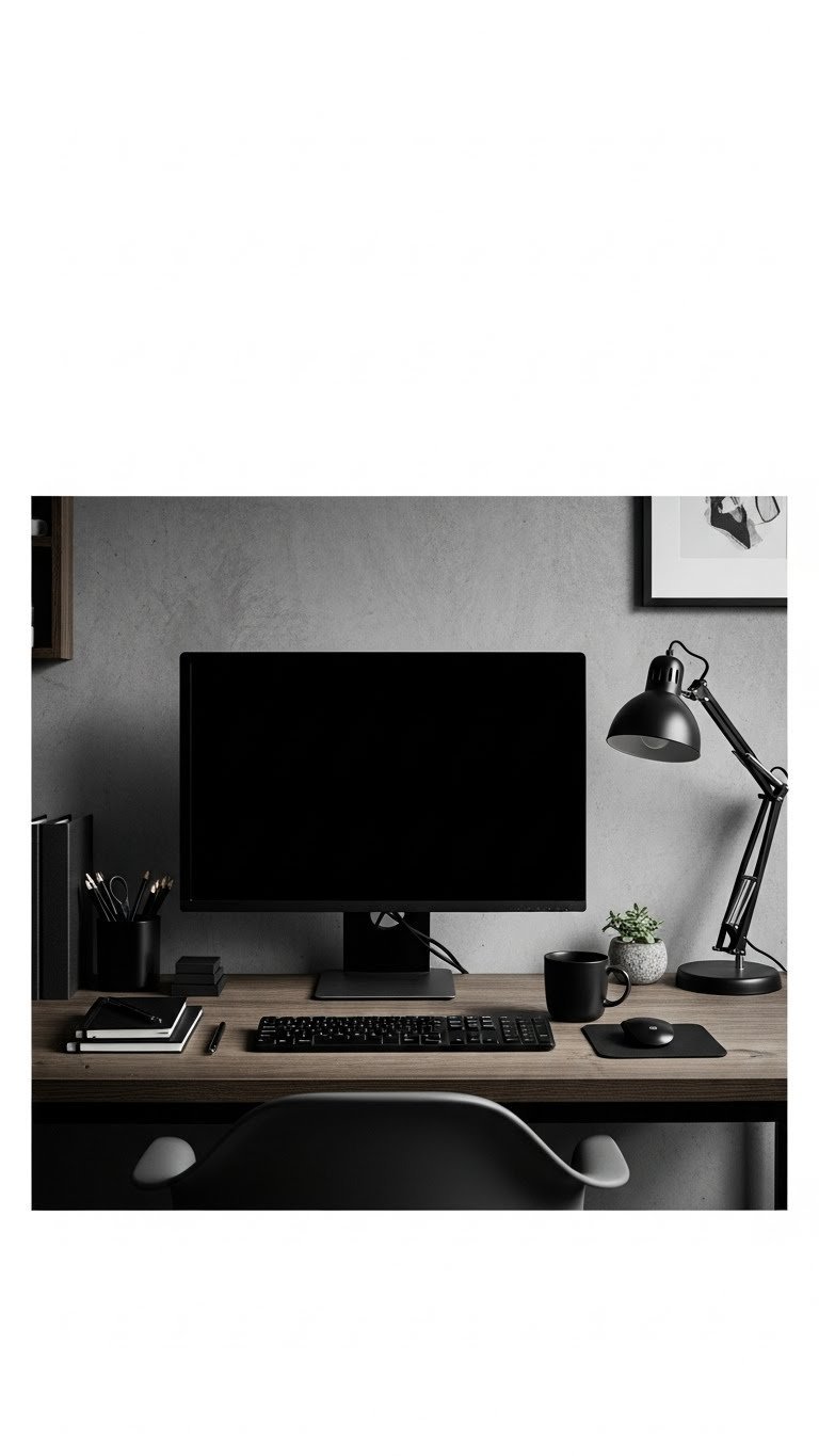 Minimalist dark-toned Korean workspace with black monitor, stationery, and coffee mug on wooden desk