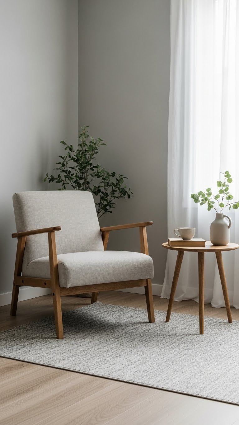 Black Coffee Rain Aesthetic: 11 Elements for Perfect Mood 15 Minimalist decluttered reading nook with neutral linen armchair, wooden side table, and soft area rug
