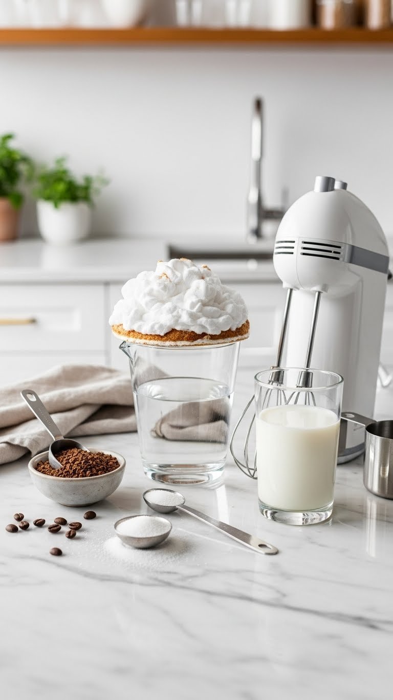 Minimalist flat lay arrangement of cloud coffee ingredients including dark instant coffee granules, white sugar, and hand mixer on marble countertop