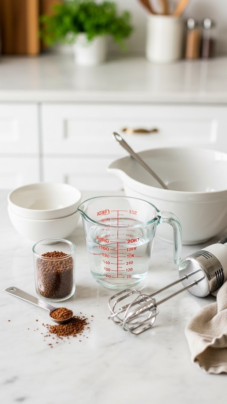 Minimalist flat lay of whipped coffee ingredients arranged on marble countertop with instant coffee, sugar, and mixing tools for preparation