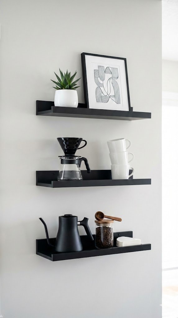 Minimalist floating shelf coffee station with black pour-over setup and white ceramic mugs against light wall