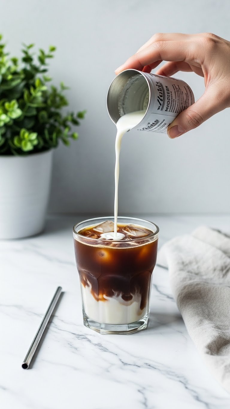 Minimalist iced cold brew protein coffee in a sleek glass with white creamer stream on marble, flat lay.