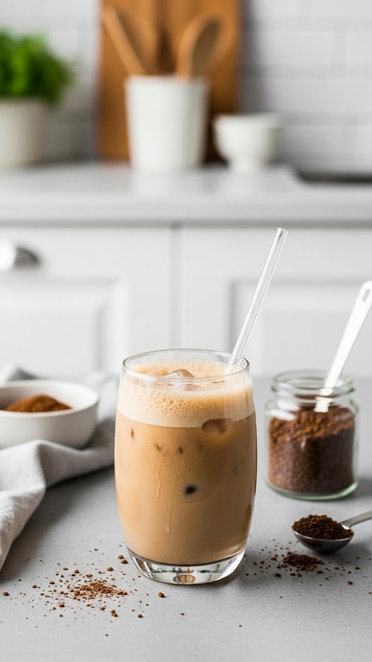Minimalist instant protein iced coffee with foamy top and coffee granules on smooth concrete surface