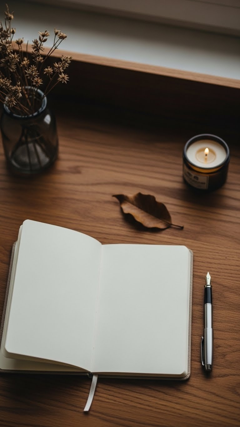 Black Coffee Rain Aesthetic: 11 Elements for Perfect Mood 19 Minimalist journal open to blank page with fountain pen on warm-toned wooden desk for reflection