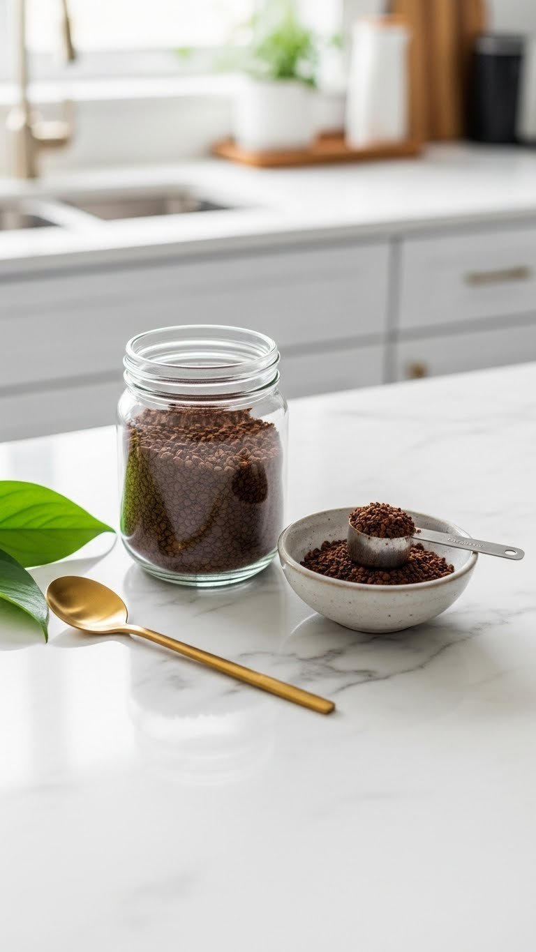 Whipped Coffee With Oat Milk Easy Vegan Recipe That Always Works 1 Minimalist kitchen counter with glass jar of freeze-dried instant coffee and ceramic scoop on white marble countertop.