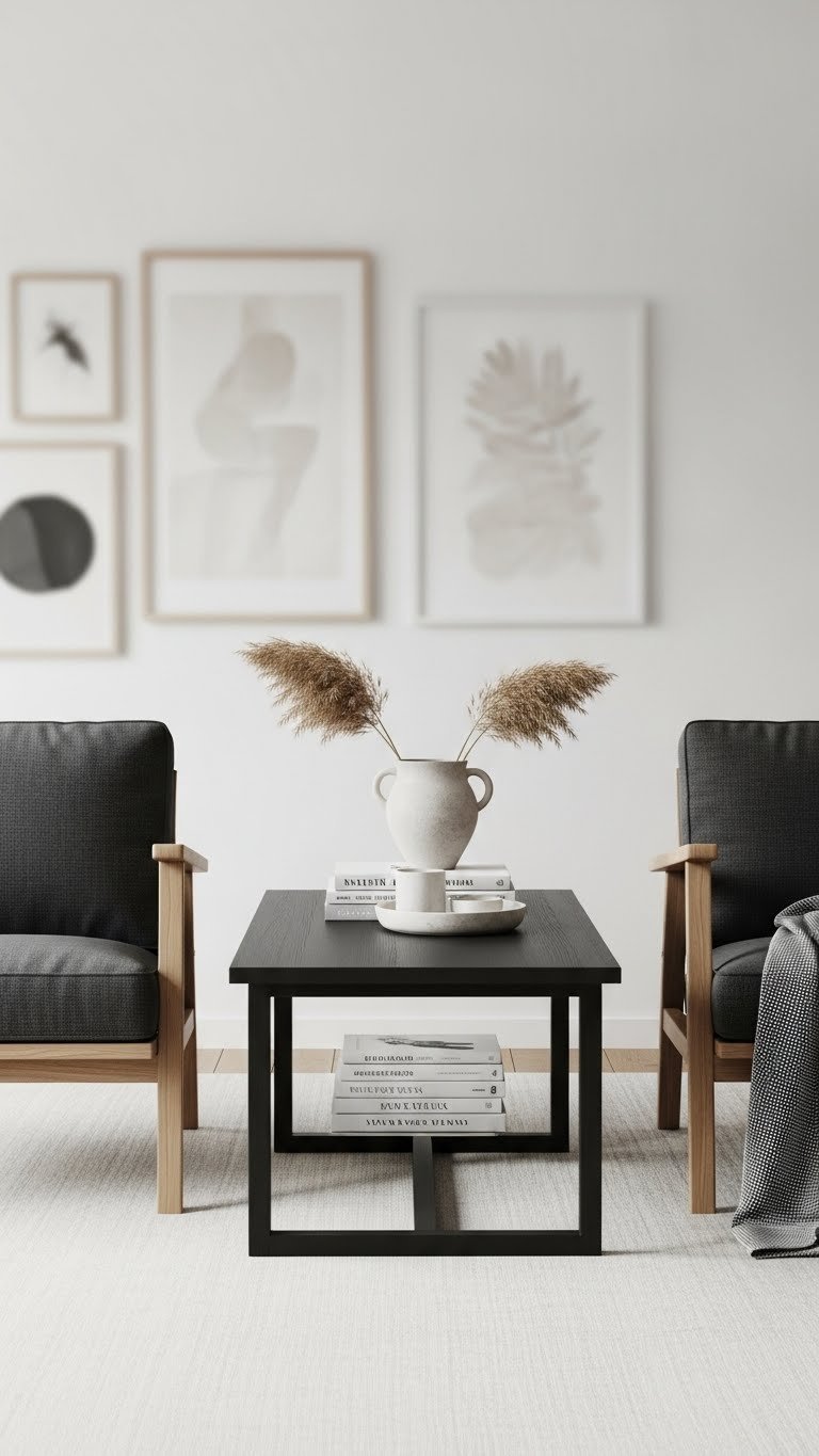 Minimalist living room arrangement with wooden coffee table, gray armchairs, and gallery wall in bright daylight