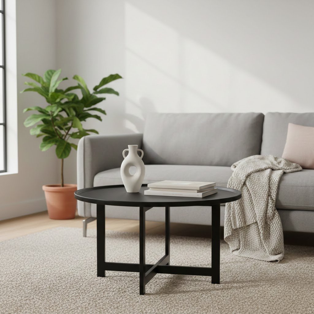 Minimalist living room with round black coffee table featuring white ceramic vase and art books on light rug