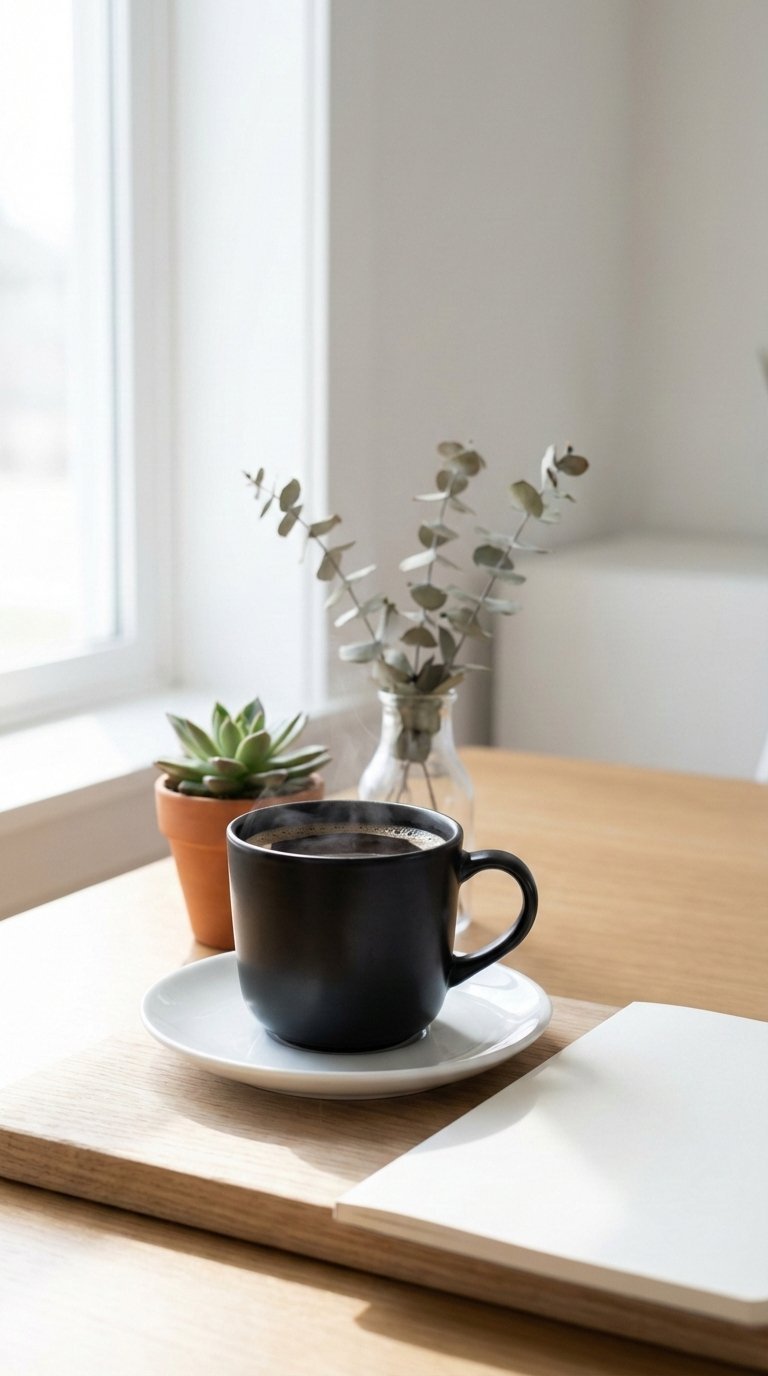Minimalist morning scene with steaming black coffee cup, white notebook, and potted succulent in bright natural daylight