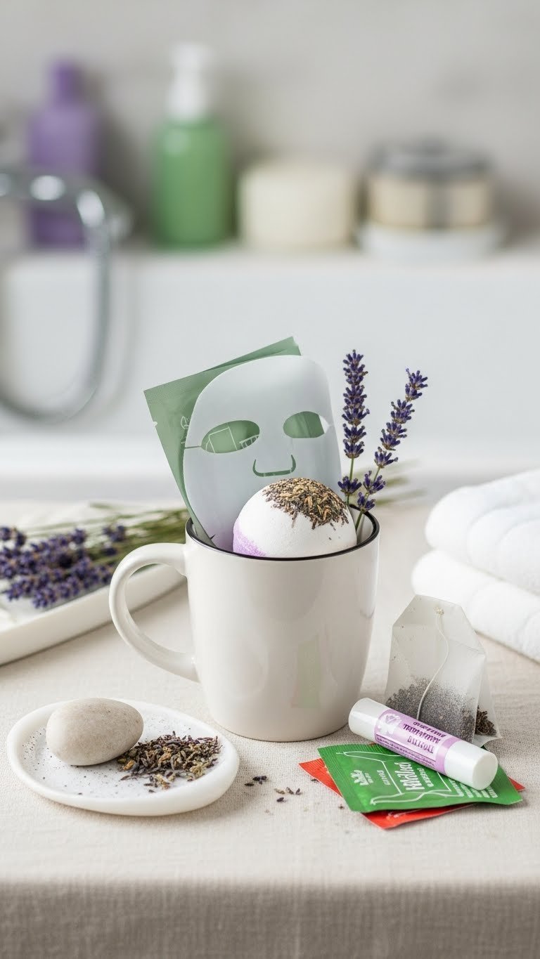 Minimalist mug containing face mask, bath bomb, and herbal tea bags for serene self-care spa experience