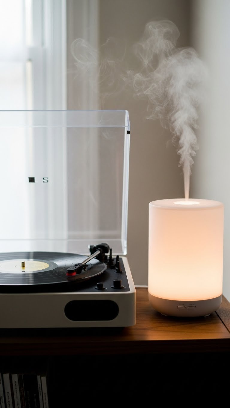Minimalist record player spinning vinyl with calming diffuser mist and dark ceramic mug on wooden shelf