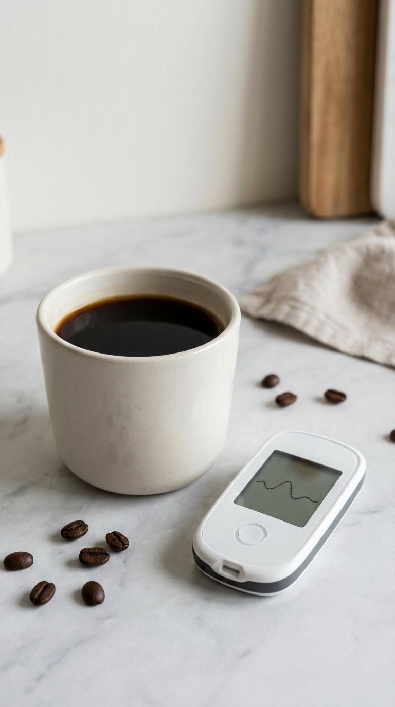 Minimalist setup with black coffee and blood glucose meter on white countertop for diabetes prevention
