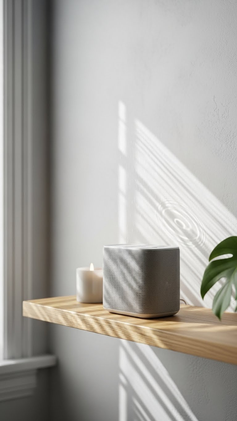 Black Coffee Rain Aesthetic: 11 Elements for Perfect Mood 9 Minimalist smart speaker on wooden shelf emitting soft rain sound patterns with ethereal light ripples on wall