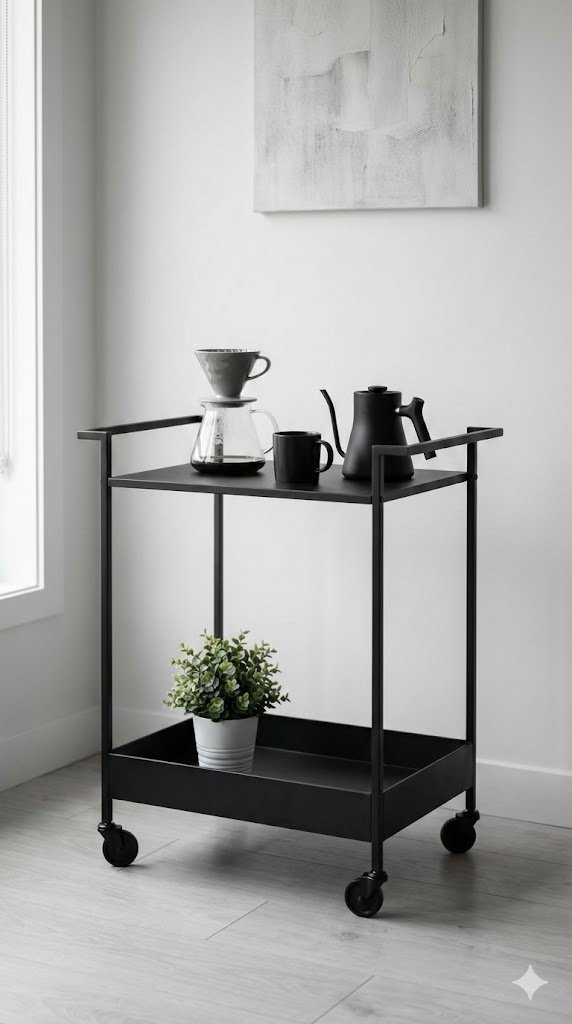 Minimalist space-saving black coffee cart with clean lines and pour-over set against plain white wall for serene coffee station setup.