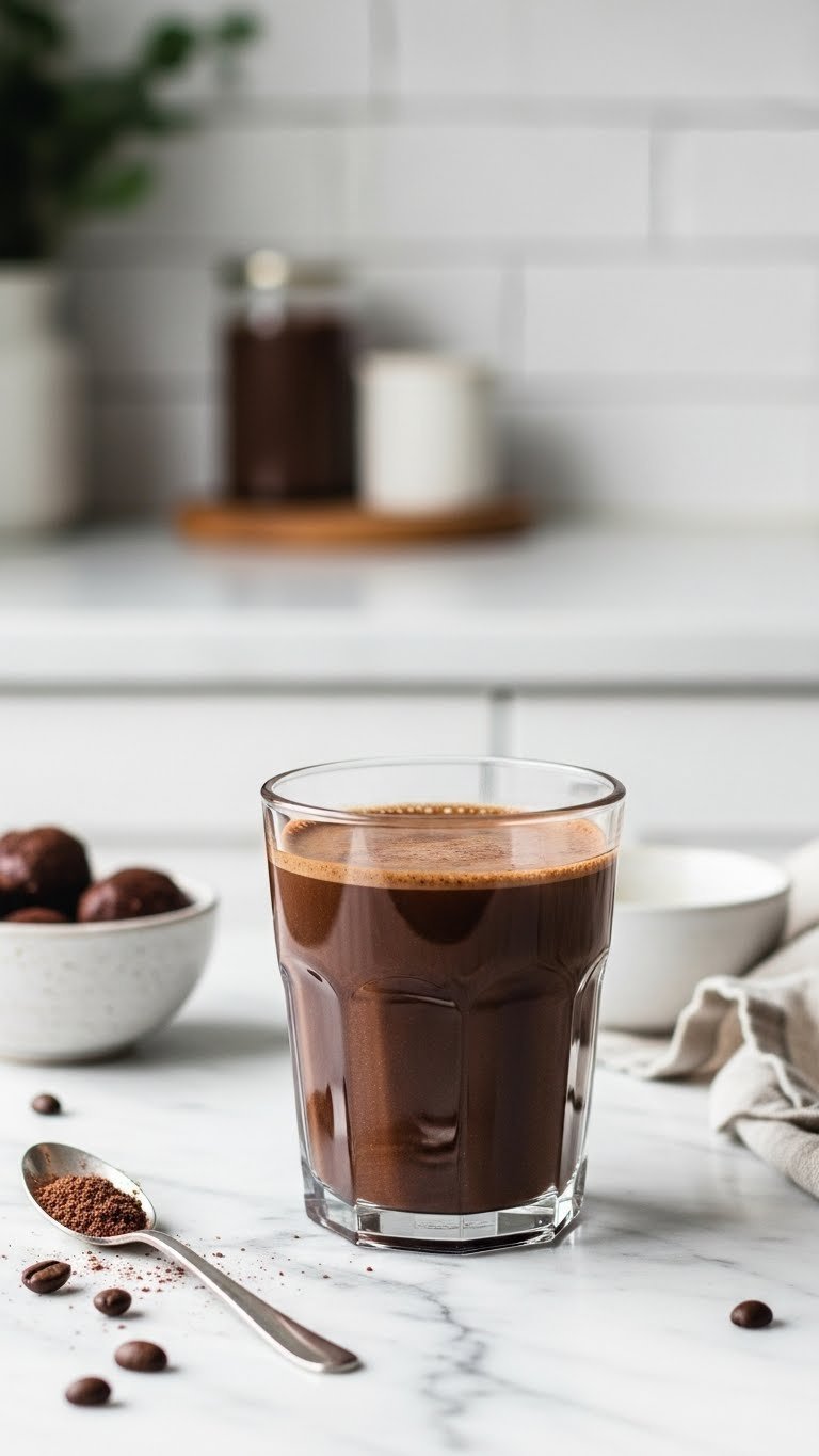 Minimalist sugar-free chocolate protein coffee in a glass, showcasing smooth texture on a marble countertop with a spoon.