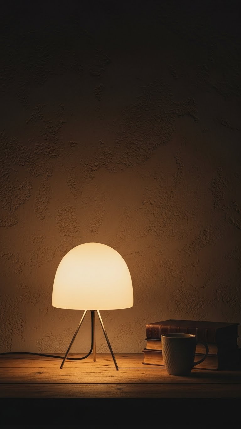 Minimalist table lamp casting warm golden hour light on textured wall with soft shadows and vintage books nearby