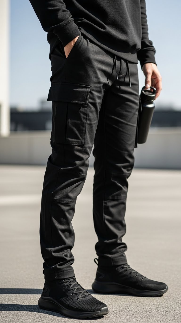 Minimalist techwear outfit showcasing black cargo pants with functional pockets and technical fabric paired with sleek sneakers on urban concrete surface
