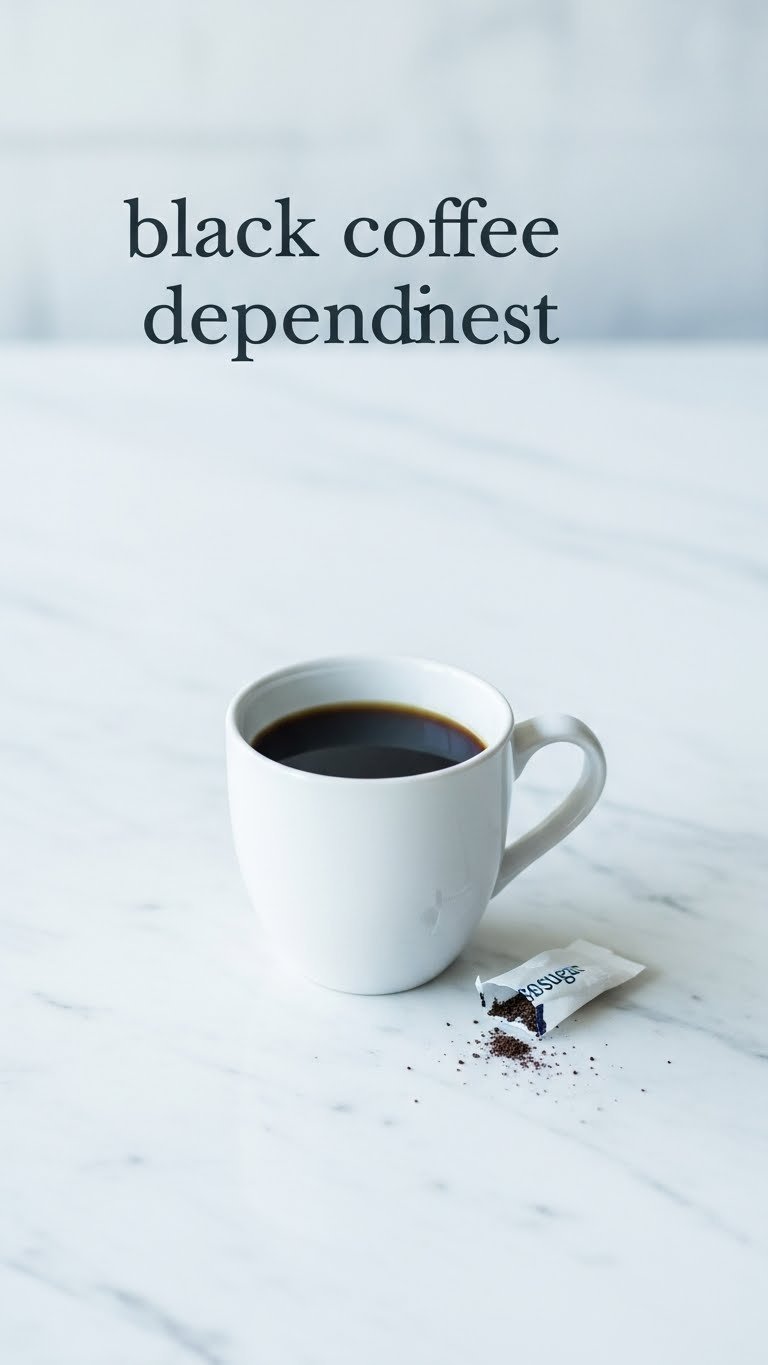 Minimalist top-down view of elegant black coffee mug with empty sugar packet on white marble countertop