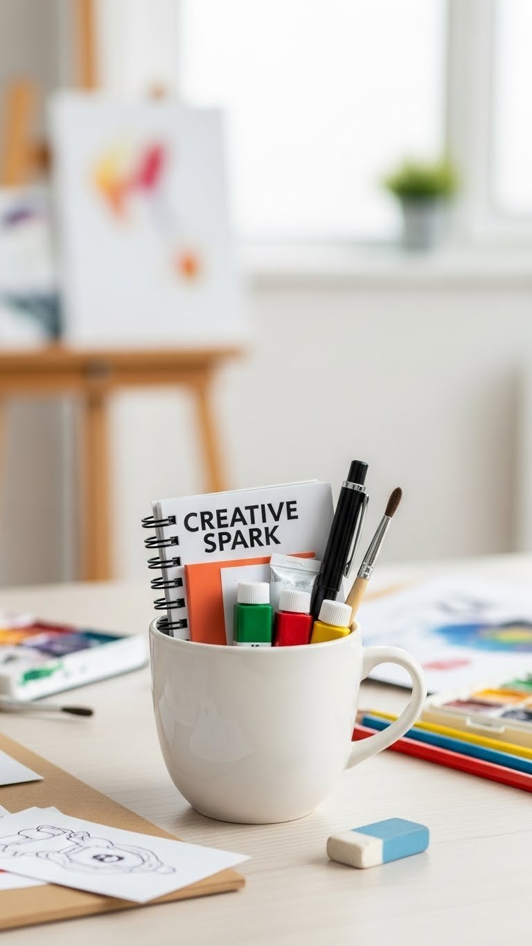 Minimalist white ceramic mug with colorful notebook, rollerball pen, and watercolor tubes on light wooden desk creative gift
