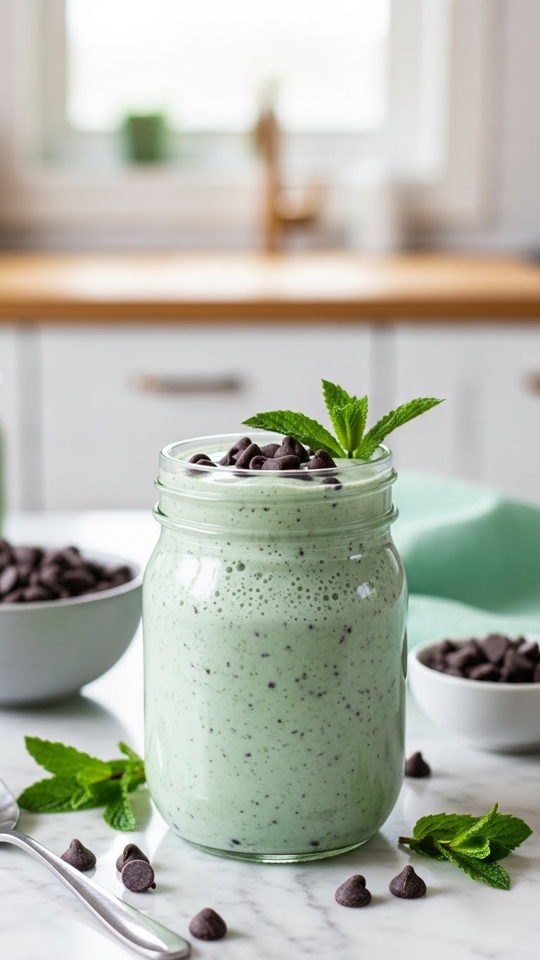 Mint chocolate chip keto coffee smoothie in chilled glass jar with fresh mint garnish and chocolate chips