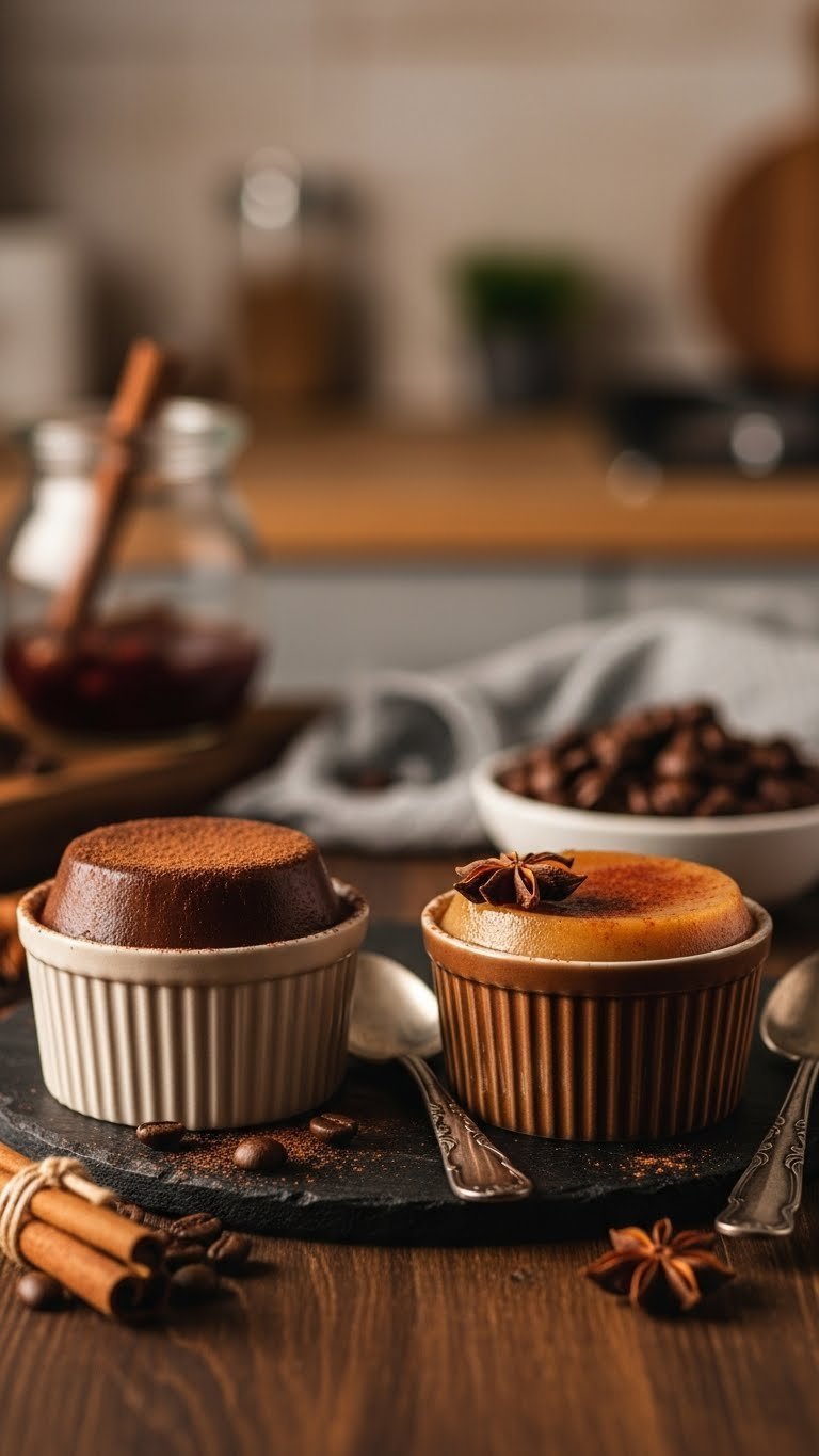 Mocha and spiced keto coffee gelatin varieties side-by-side in rustic ramekins with cinnamon stick garnish