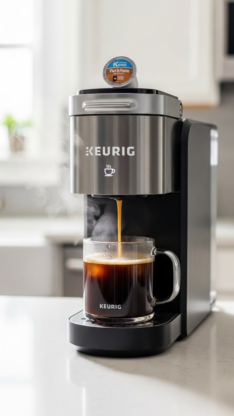 Iced Coffee Recipe Keurig: 7 Perfect Steps, No Watery Brew 5 Modern Keurig coffee machine brewing dark coffee into mug with steam rising from hot beverage