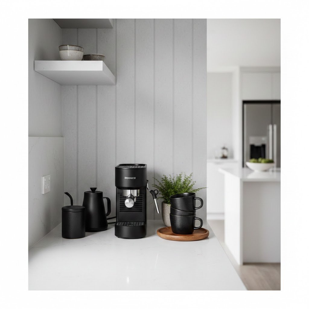 Modern black coffee bar nook with sleek coffee maker and elegant mugs arranged on white countertop in bright kitchen corner
