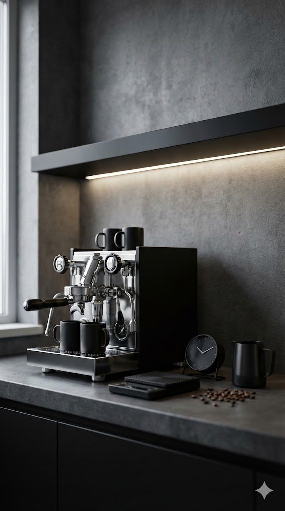 Modern black coffee station with integrated LED lighting and high-tech espresso machine