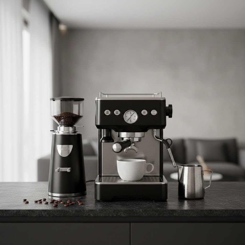 Modern black espresso machine and coffee grinder setup on dark stone countertop with coffee beans and milk pitcher