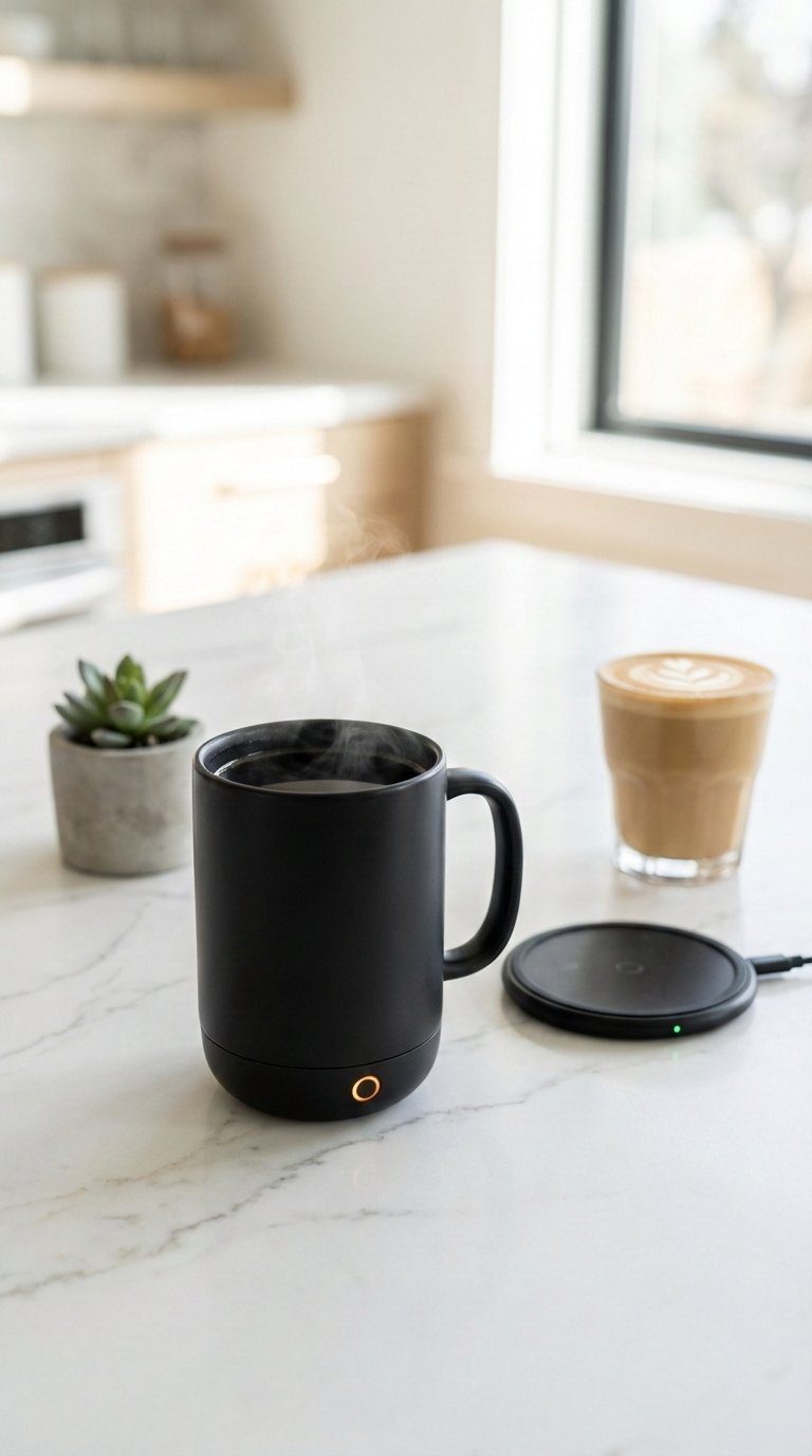 Modern black heated coffee mug glowing with indicator light on white marble countertop