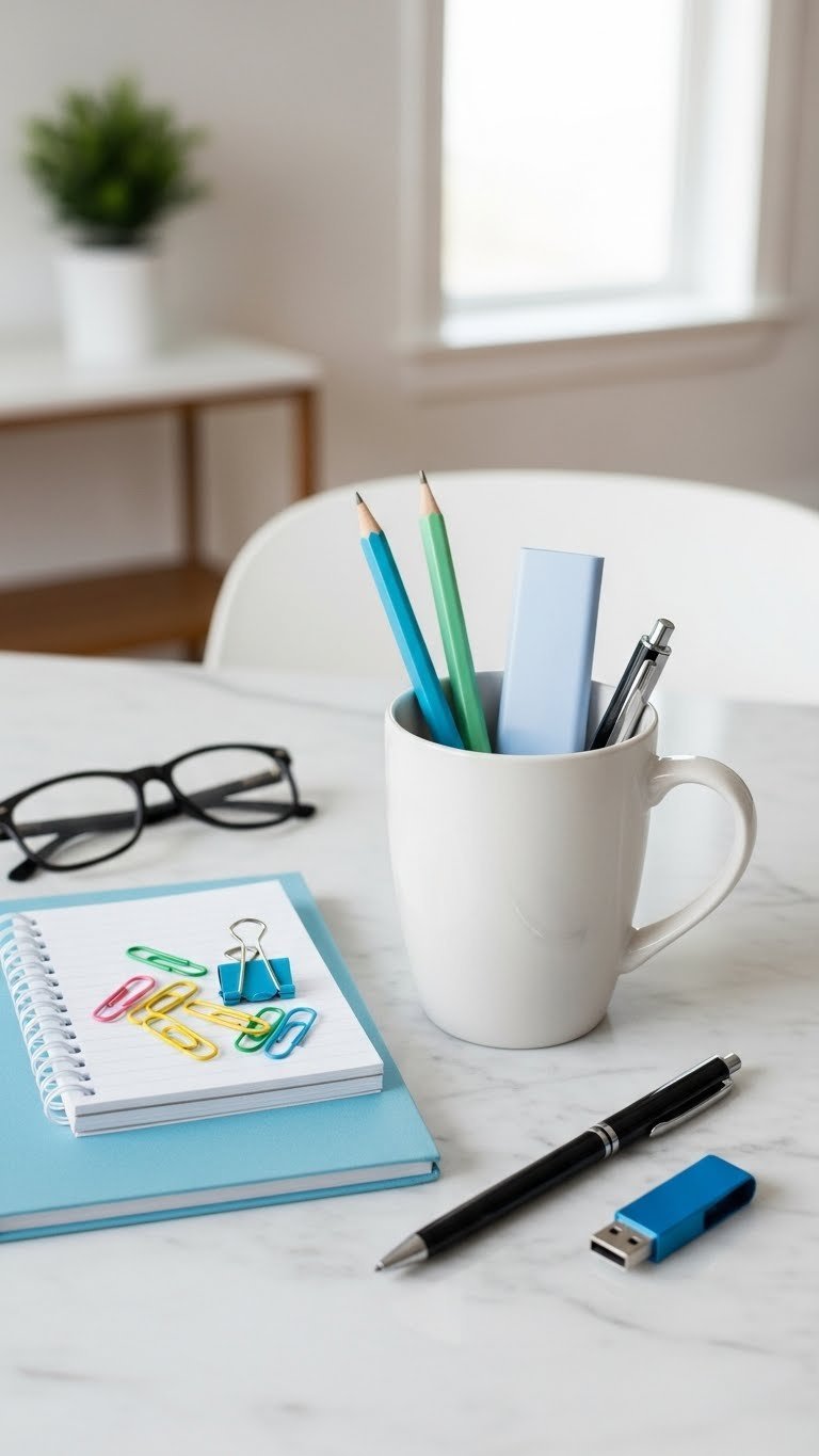 Modern ceramic mug arranged with compact stationery items including colorful paper clips, mini notepad, and stylish pen on marble surface