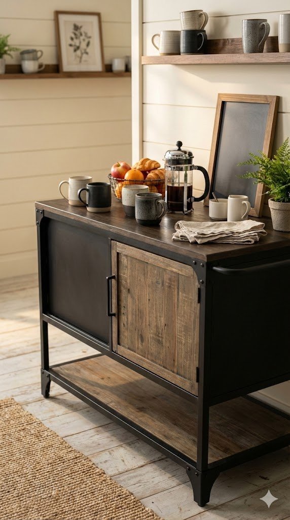 Modern farmhouse black coffee cart with rustic wood elements and French press surrounded by stoneware mugs and woven rug.
